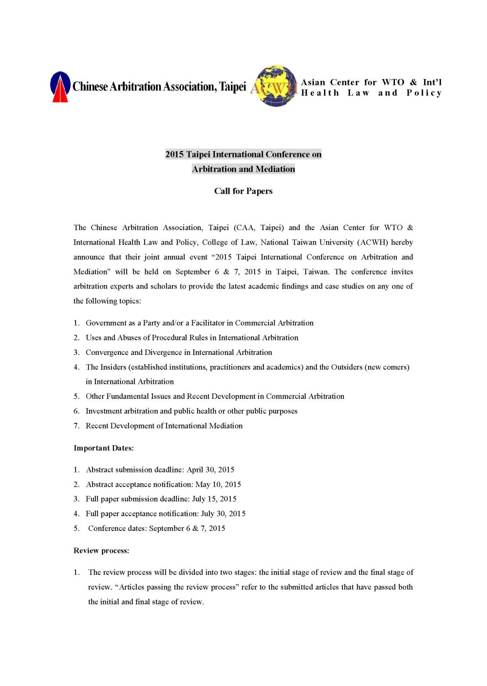 Best Paper Award for 2015 Competition at Taipei International Arbitration and Mediation Conference
